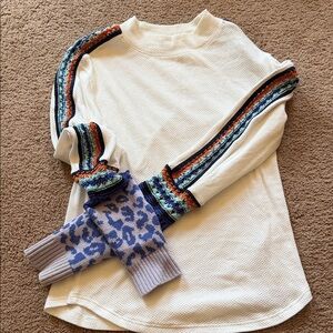 Free People white Waffle-Knit Sweater with Multicolor Stripe Sleeves